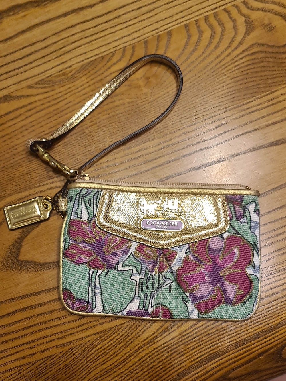 COACH Floral Wristlet in Mint, Pink and Gold Accents